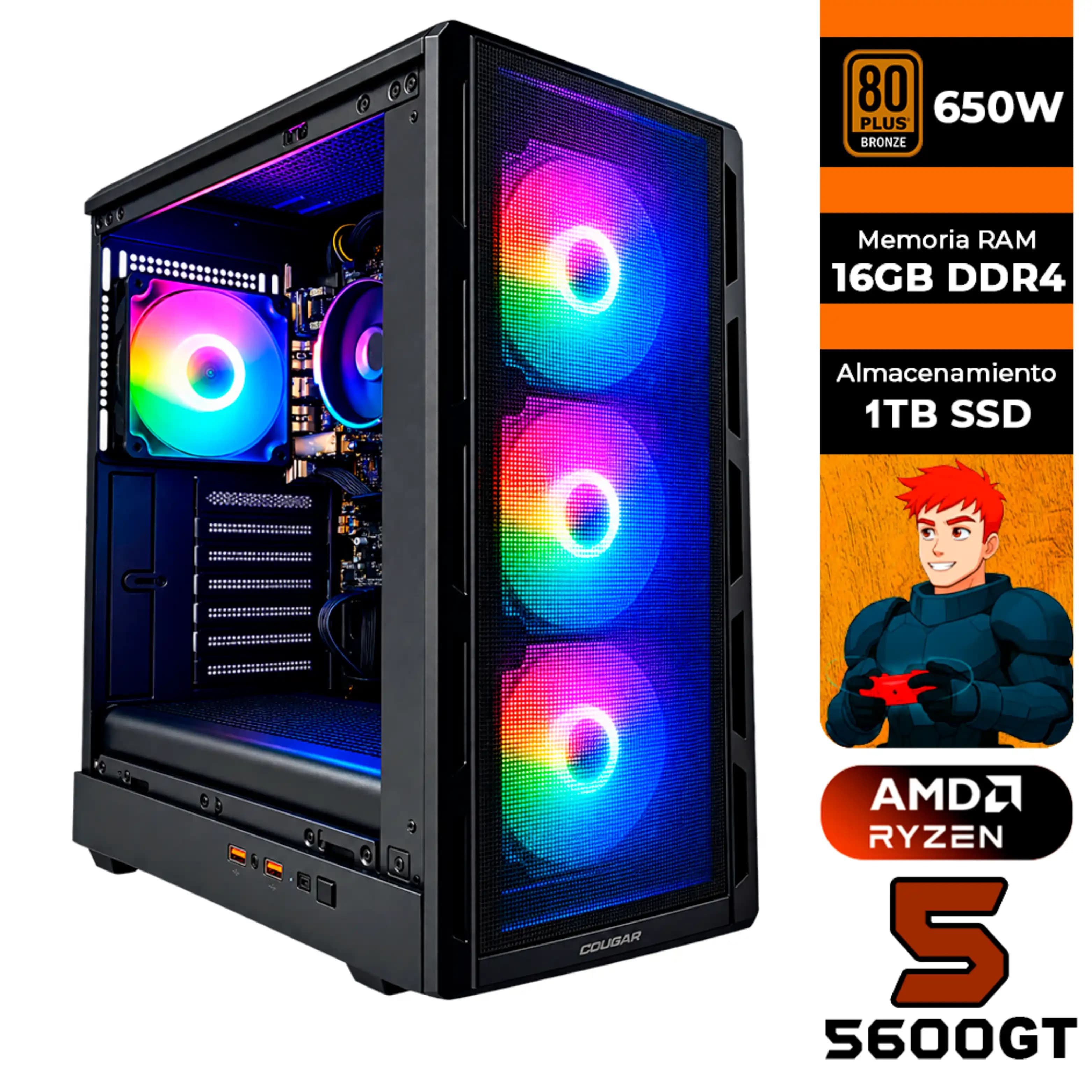 PC GAMER AMD RYZEN 5 5600GT + 16GB RAM DDR4 + 1TB SSD + 650W 80 BRONZE (SOLO TORRE)