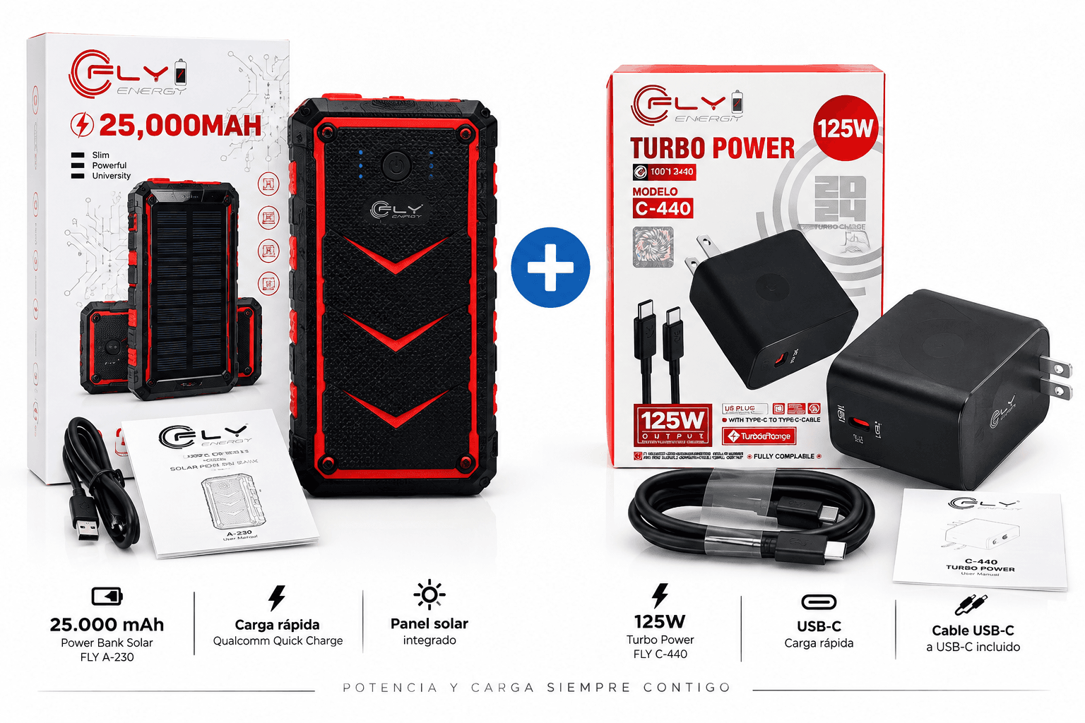 KIT TURBO FLY Power Bank Solar 25.000 mAh + Cargador Turbo 125W C-440